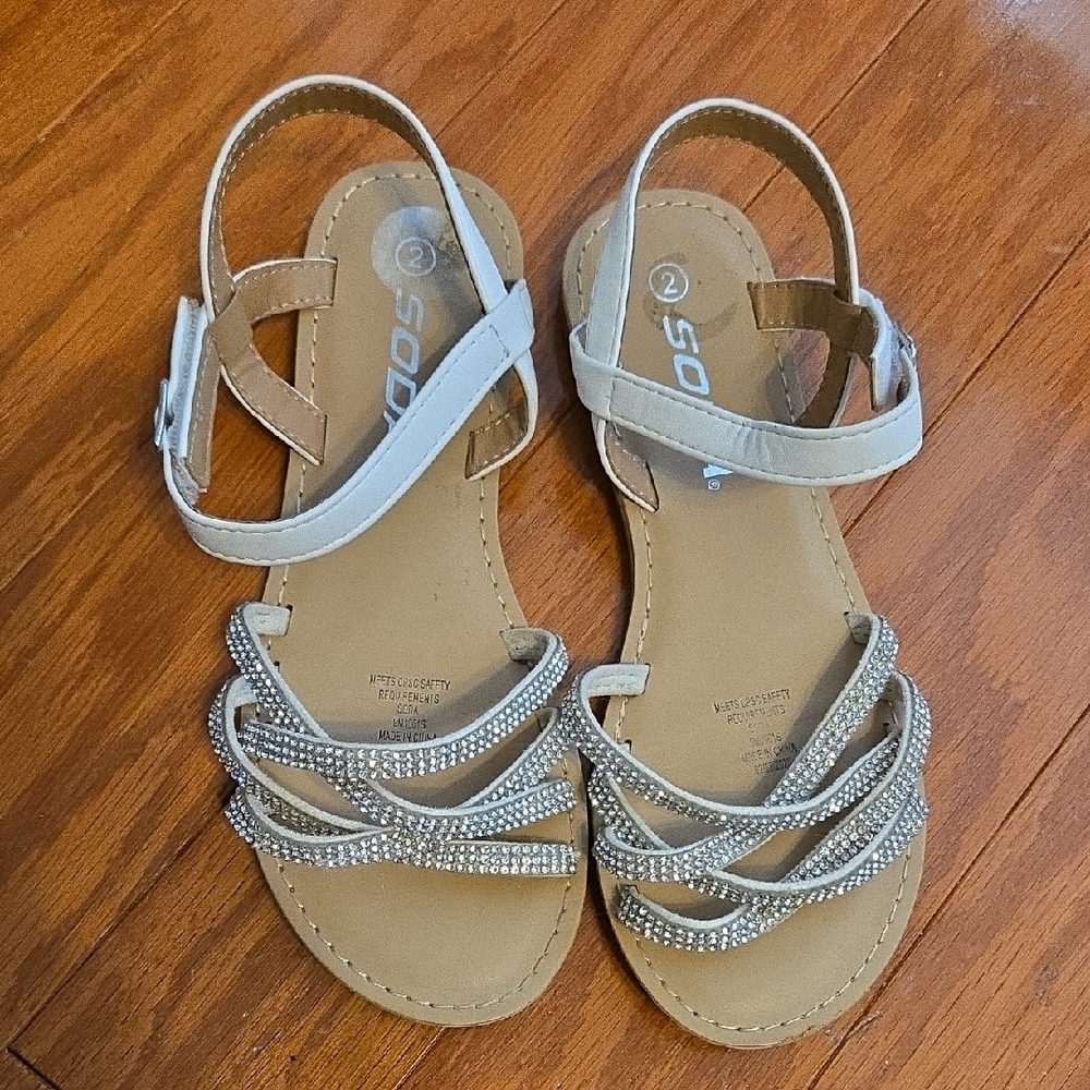 Soda White and Tan Strappy Rhinestone Sandals Velcro Strap Size 2